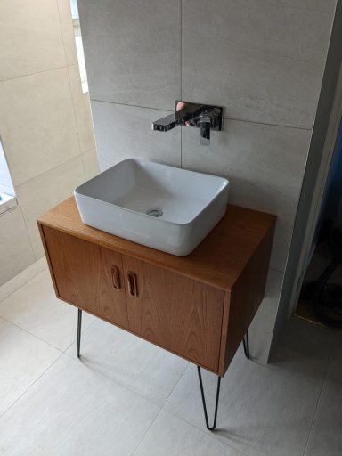 A custom made wash stand using a repurposed 1960's G-Plan cupboard